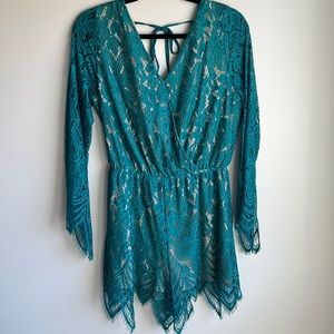Xhilaration Teal Lace Tieback Romper- size Large